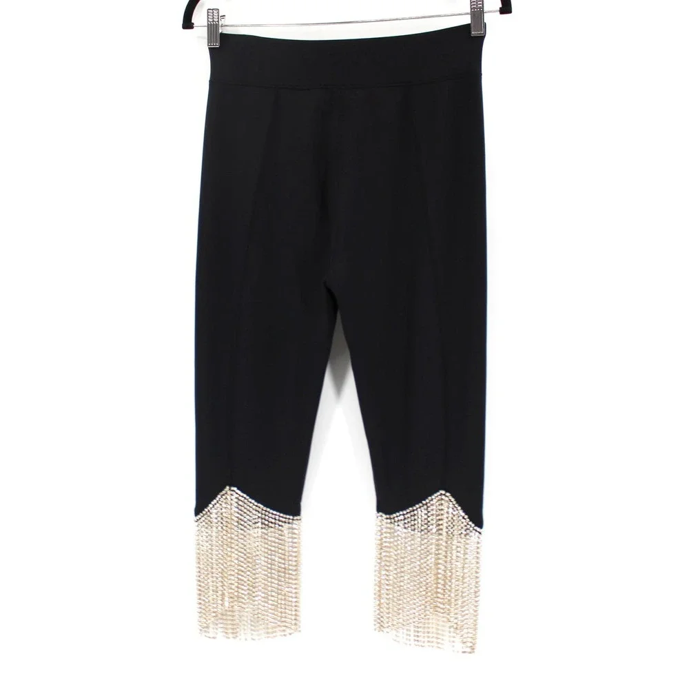 Burberry Charente Crystal Fringe Black Leggings M NEW Crop Stretch Jersey Pants